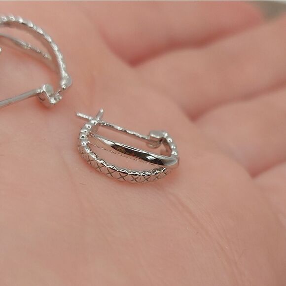 Platinum Plated Criss Cross 925 Sterling Silver Huggies Earrings - Picture 4 of 11